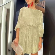 Sequin Dress for Women Long Sleeve Crewneck Evening Dresses Silver Sparkly Mini Short Dress Cocktail Party Prom Formal Dress